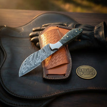 Load image into Gallery viewer, Damascus Charcoal Burl Resin Cowboy Knife with Wood Grain Blade