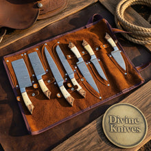 Load image into Gallery viewer, Bone Handle Caping Knife Set with Tooled Leather Roll Case