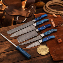 Load image into Gallery viewer, 6-Piece Blue Handle Chef Knife Set with Sharpening Rod