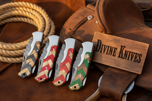 Load image into Gallery viewer, 5-Piece Chevron Inlay Folding Knife Set with Wood Mosaic Handles