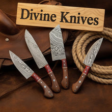 Load image into Gallery viewer, 4-Piece Chef Knife Set with Wood Handles and Red Resin Accents