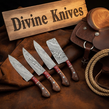 Load image into Gallery viewer, 4-Piece Chef Knife Set with Wood Handles and Red Resin Accents