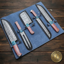 Load image into Gallery viewer, 5-Piece Patriotic Chef Knife Set with Leather Roll Case