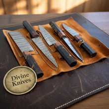 Load image into Gallery viewer, 5-Piece Resin Handle Knife Set with Tortoiseshell Accents and Leather Roll Case