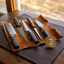 Load image into Gallery viewer, 5-Piece Resin Handle Knife Set with Tortoiseshell Accents and Leather Roll Case