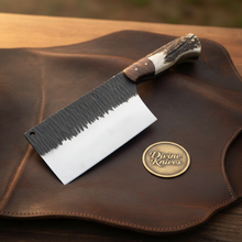 Load image into Gallery viewer, Stag Handle Meat Cleaver with Hammered Blade and Skull Artwork