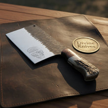 Load image into Gallery viewer, Stag Handle Meat Cleaver with Hammered Blade and Skull Artwork