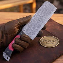 Load image into Gallery viewer, Damascus Pattern Nakiri Cleaver Knife with Red Resin Handle