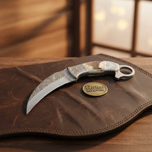 Load image into Gallery viewer, Engraved Twin Karambit Knife Set with Scrollwork Blades and Stag Handles