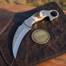 Load image into Gallery viewer, Engraved Twin Karambit Knife Set with Scrollwork Blades and Stag Handles