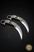 Load image into Gallery viewer, Engraved Twin Karambit Knife Set with Scrollwork Blades and Stag Handles
