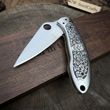 Load image into Gallery viewer, Hand Engraved D2 Steel Folding Pocket Knife — Mirror Polished Leaf Blade, Skull Floral Scroll Stainless Handle