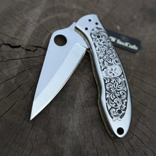 Load image into Gallery viewer, Hand Engraved D2 Steel Folding Pocket Knife — Mirror Polished Leaf Blade, Skull Floral Scroll Stainless Handle