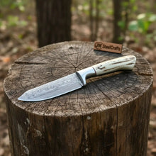 Load image into Gallery viewer, Handmade Damascus Skinner Knife with Synthetic Stag Handle | Full Tang Drop Point Blade