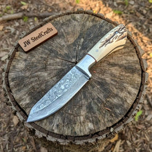 Load image into Gallery viewer, Handmade Damascus Skinner Knife with Synthetic Stag Handle | Full Tang Drop Point Blade