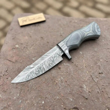 Load image into Gallery viewer, Bobcat Style Drop Point Hunting Knife Feather Damascus Blade Gray Pakka Wood Handle EDC Fixed Blade