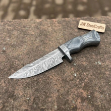 Load image into Gallery viewer, Bobcat Style Drop Point Hunting Knife Feather Damascus Blade Gray Pakka Wood Handle EDC Fixed Blade