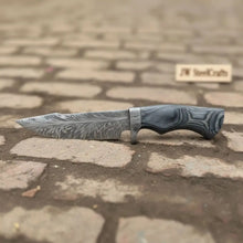 Load image into Gallery viewer, Bobcat Style Drop Point Hunting Knife Feather Damascus Blade Gray Pakka Wood Handle EDC Fixed Blade