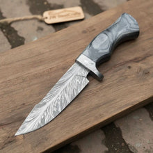 Load image into Gallery viewer, Bobcat Style Drop Point Hunting Knife Feather Damascus Blade Gray Pakka Wood Handle EDC Fixed Blade