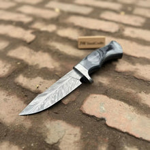 Load image into Gallery viewer, Bobcat Style Drop Point Hunting Knife Feather Damascus Blade Gray Pakka Wood Handle EDC Fixed Blade