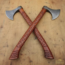 Load image into Gallery viewer, Handmade Norse Viking Axe Pair with Damascus Steel Heads &amp; Hand Engraved Wooden Handles