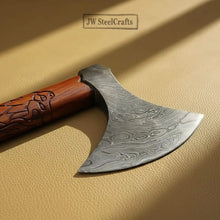 Load image into Gallery viewer, Handmade Norse Viking Axe Pair with Damascus Steel Heads &amp; Hand Engraved Wooden Handles