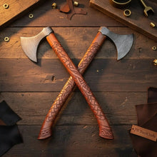 Load image into Gallery viewer, Handmade Norse Viking Axe Pair with Damascus Steel Heads &amp; Hand Engraved Wooden Handles