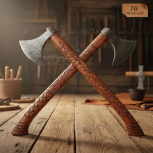 Load image into Gallery viewer, Handmade Norse Viking Axe Pair with Damascus Steel Heads &amp; Hand Engraved Wooden Handles