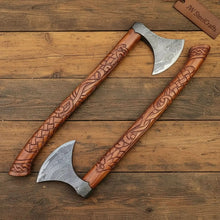 Load image into Gallery viewer, Handmade Norse Viking Axe Pair with Damascus Steel Heads &amp; Hand Engraved Wooden Handles