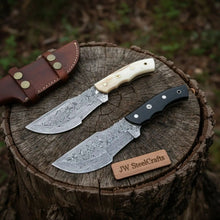 Load image into Gallery viewer, Handmade Damascus Tracker Knife Pair with Camel Bone &amp; Black Micarta Handles