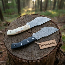 Load image into Gallery viewer, Handmade Damascus Tracker Knife Pair with Camel Bone &amp; Black Micarta Handles