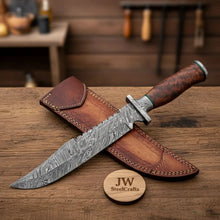 Load image into Gallery viewer, Handmade Damascus Bowie Knife with Natural Wood Handle Fixed Blade