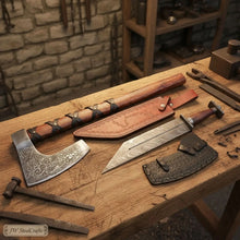 Load image into Gallery viewer, Viking Bearded Axe and Seax Knife Set | Bushcraft Wood Cutting