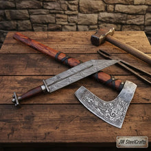 Load image into Gallery viewer, Viking Bearded Axe and Seax Knife Set | Bushcraft Wood Cutting