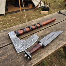 Load image into Gallery viewer, Viking Bearded Axe and Seax Knife Set | Bushcraft Wood Cutting