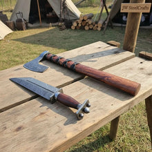 Load image into Gallery viewer, Viking Bearded Axe and Seax Knife Set | Bushcraft Wood Cutting