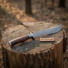 Load image into Gallery viewer, Handmade Damascus Trailing Point Bowie Knife with Tali Wood Handle