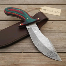 Load image into Gallery viewer, Handmade Damascus Upswept Skinner Knife with Multi-Color Pakka Wood Handle
