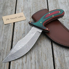 Load image into Gallery viewer, Handmade Damascus Upswept Skinner Knife with Multi-Color Pakka Wood Handle