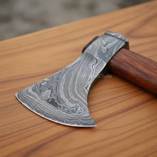 Load image into Gallery viewer, Handmade Damascus Skeggox Viking Bearded Axe with Rose Wood Handle