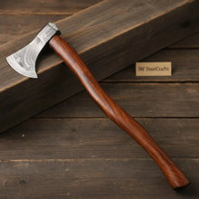 Load image into Gallery viewer, Handmade Damascus Skeggox Viking Bearded Axe with Rose Wood Handle