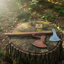 Load image into Gallery viewer, Handmade Damascus Camping Axe with Tali Wood Handle | Full Tang Outdoor Hatchet