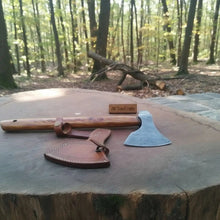 Load image into Gallery viewer, Handmade Damascus Camping Axe with Tali Wood Handle | Full Tang Outdoor Hatchet