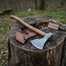 Load image into Gallery viewer, Handmade Damascus Camping Axe with Tali Wood Handle | Full Tang Outdoor Hatchet