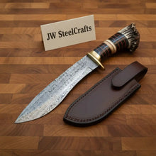 Load image into Gallery viewer, Handmade Damascus Bowie Knife with Stag Horn Handle | Full Tang Fixed Blade