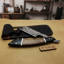 Load image into Gallery viewer, Handmade Damascus Folding Straight Razor with Rose Wood &amp; Black Resin Handle
