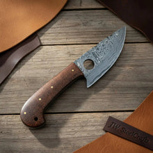 Load image into Gallery viewer, Handmade Damascus Mini Skinner Knife with Wooden Handle | Full Tang Drop Point Blade