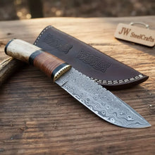 Load image into Gallery viewer, Handmade Damascus Steel Hunting Knife with Leather Sheath &amp; Bone Handle