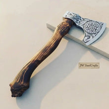 Load image into Gallery viewer, Handcrafted Viking Bearded Axe Engraved Blade Wolf Carved Wooden Handle Functional Sharp Edge