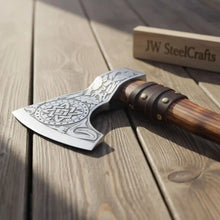 Load image into Gallery viewer, Handcrafted Viking Bearded Axe Engraved Blade Wolf Carved Wooden Handle Functional Sharp Edge